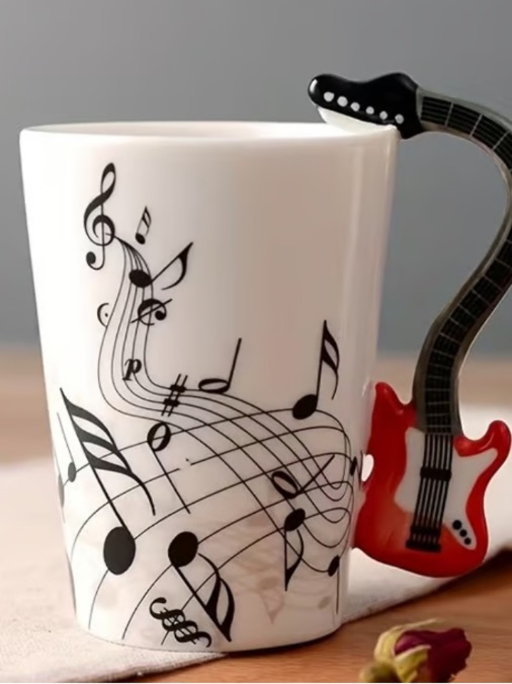White Ceramic Music Mug with Red Guitar Handle